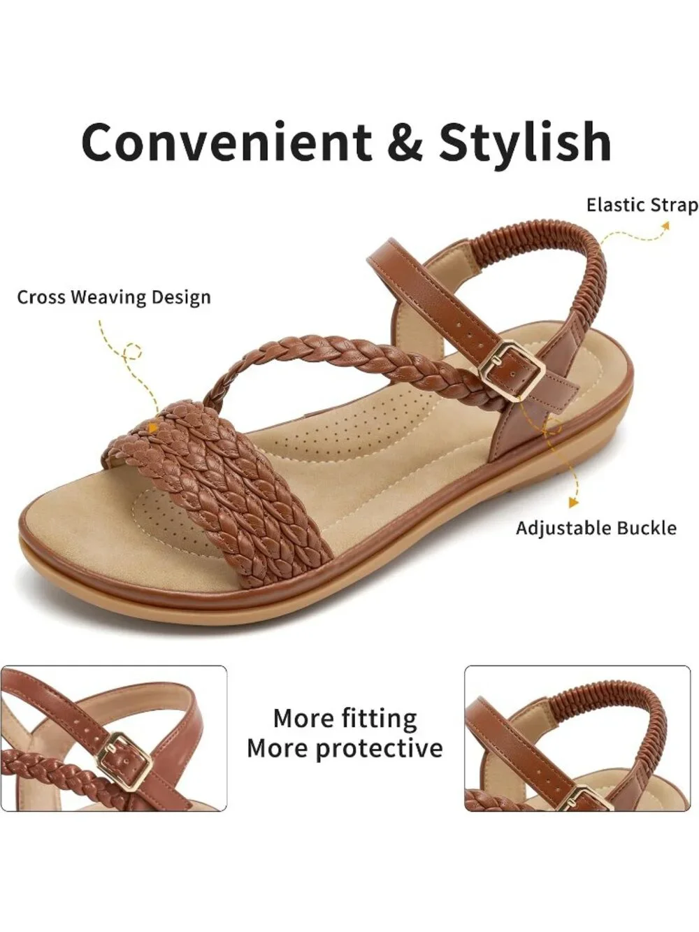 Women's Brown Summer Comfortable Strappy Flats Casual Walking Beach Sandals